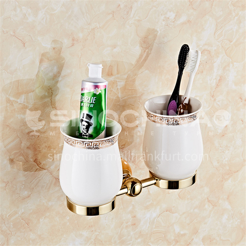 All copper European style golden toothbrush cup holder, toothbrushing cup holder, ceramic sanitary ware, bathroom pendant, double cup MY80104 topaz